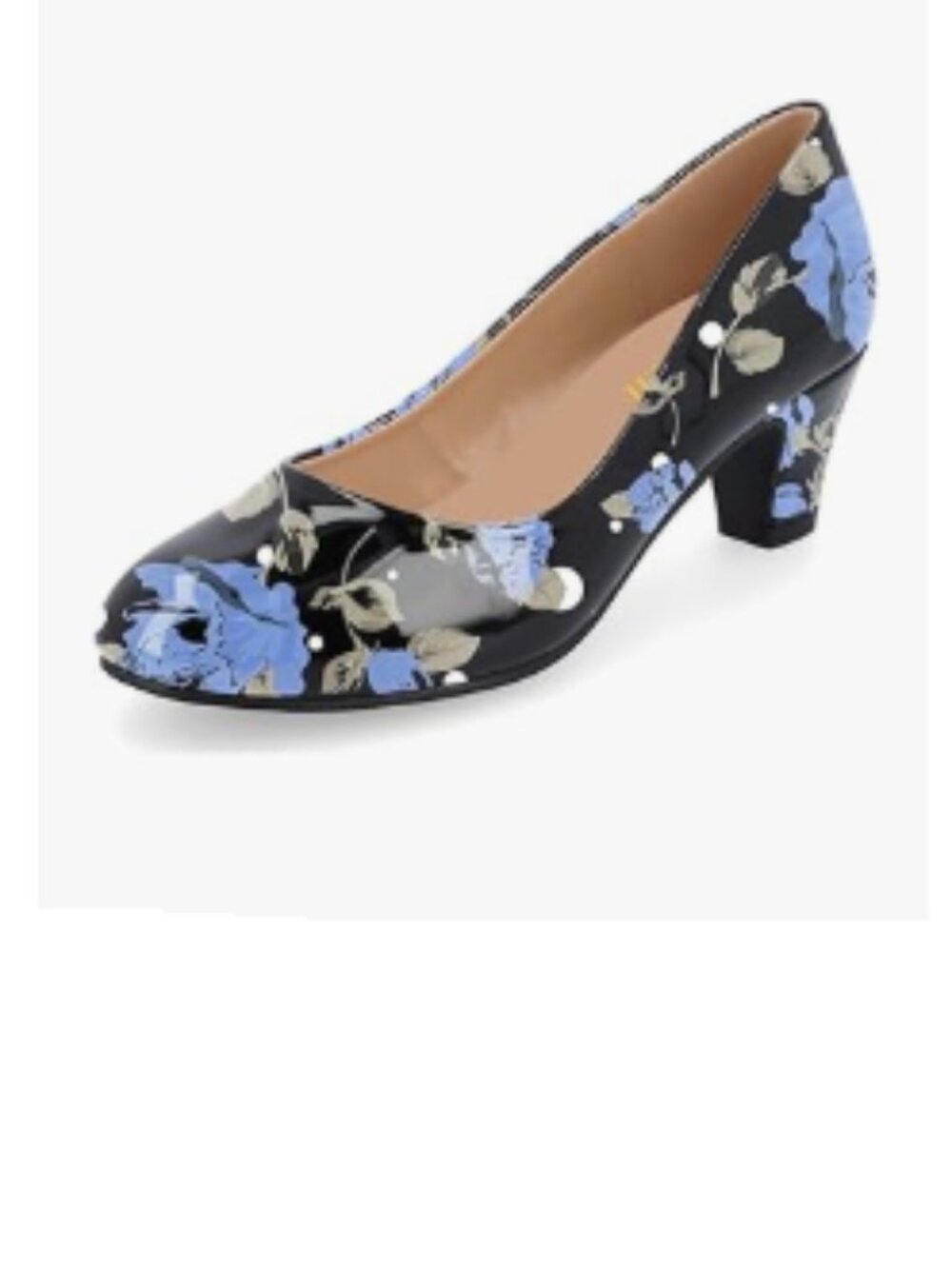 miss left Blue Flower Low Heel Rounded Toe Pumps Block Heeled Slip On Shoes